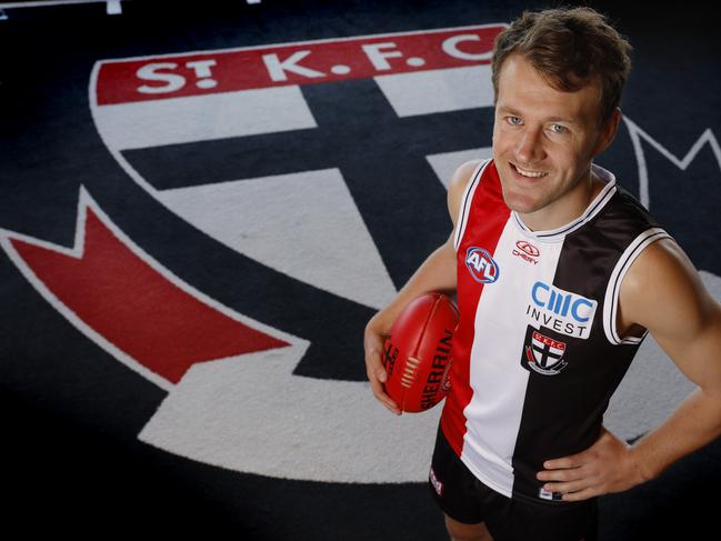 NCA. MELBOURNE, AUSTRALIA. October 24, 2024. AFL.  Jack Macrae in his new colours after being traded too St Kilda by the Western Bulldogs in the recent AFL Trade period .     .  Pic : Michael Klein