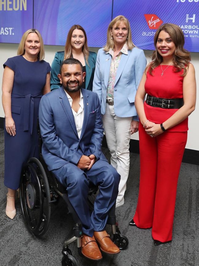 International Womens Day function at Gold Coast Convention Centre. Destination Gold Coast Head of Stakeholders and Strategy Rachel Hancock, 2022 Queensland Tourism Awards Young Achiever Amy Gash, 2021 Queensland Australian of the Year and Disability Advocate Dr Dinesh Palipana OAM, 2032 Olympic and Paralympic Games organising committee CEO Cindy Hook and Tourism and Events Queensland CEO Patricia O’Callaghan. Picture Glenn Hampson