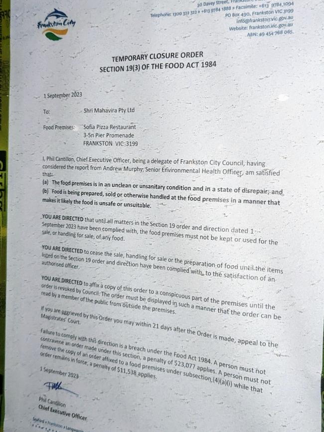 A council order attached to Sofia Frankston ordering the restaurant to close. Picture: supplied