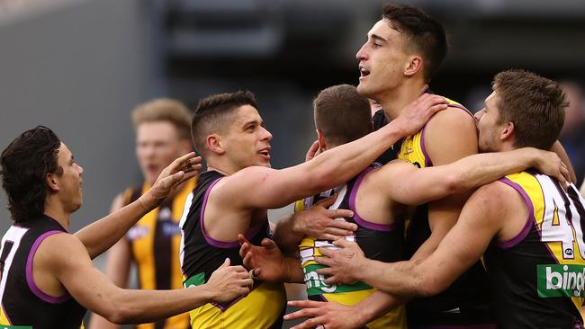 Ivan Soldo celebrates his first AFL goal against Hawthorn last weekend. Picture: Robert Cianflone/Getty Images