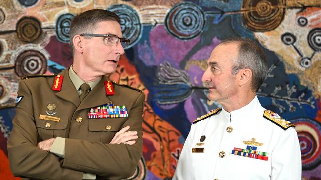 Current Defence Force chief General Angus Campbell, left, and incoming chief Vice Admiral David Johnston in Canberra on Tuesday. Picture: AAP