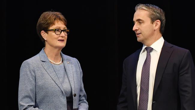 Commonwealth Bank chairman Catherine Livingstone (left) and CEO Matt Comyn (right) during the Commonwealth Bank annual general meeting (AGM) in Sydney, Wednesday, October 16, 2019. Picture: AAP