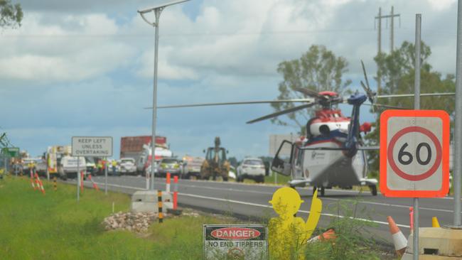 The Bruce Highway was blocked after a crash involving three trucks and four cars south of Townsville. Picture: Satria Dyer-Darmawan