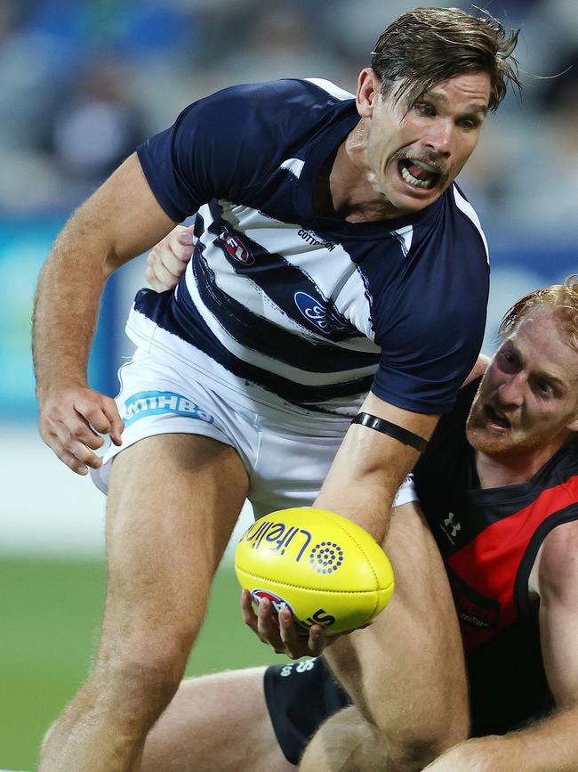 Tom Hawkins in action during the pre-season clash against Essendon. Picture: Michael Klein