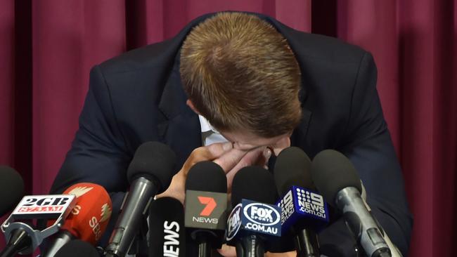 Warner in tears as he fronts the media following the ball tampering scandal.