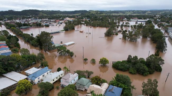 Houses surrounded by floodwater in Lismore on March 31, 2022. Picture: Dan Peled/Getty Images.