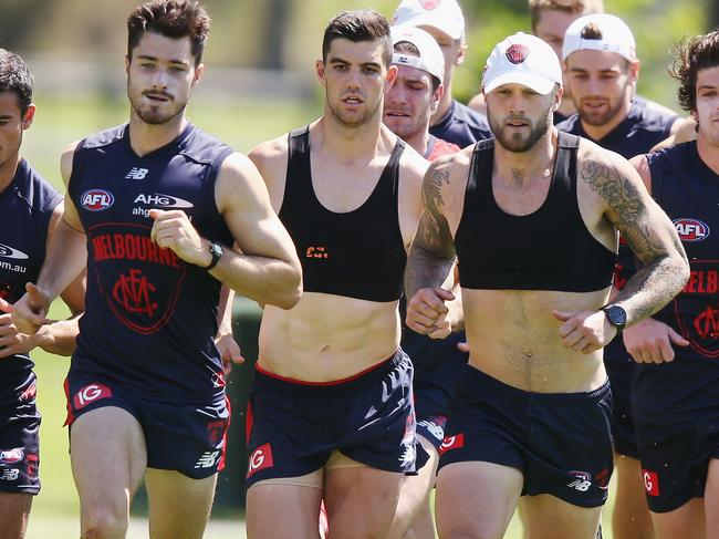 MELBOURNE, AUSTRALIA - DECEMBER 13:  Nathan Jones leads as he sprints during a Melbourne Demons AFL training session at Gosch's Paddock on December 13, 2017 in Melbourne, Australia.  (Photo by Michael Dodge/Getty Images)