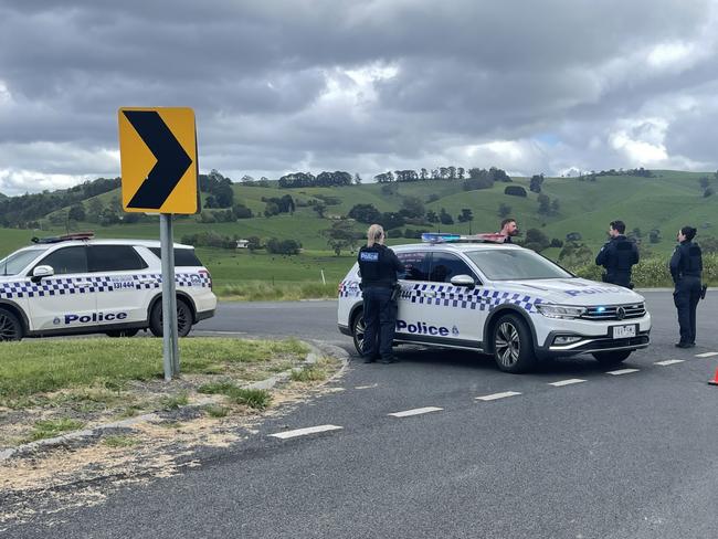 Police block off Foster Mirboo Rd. Picture: Jack Colantuono.