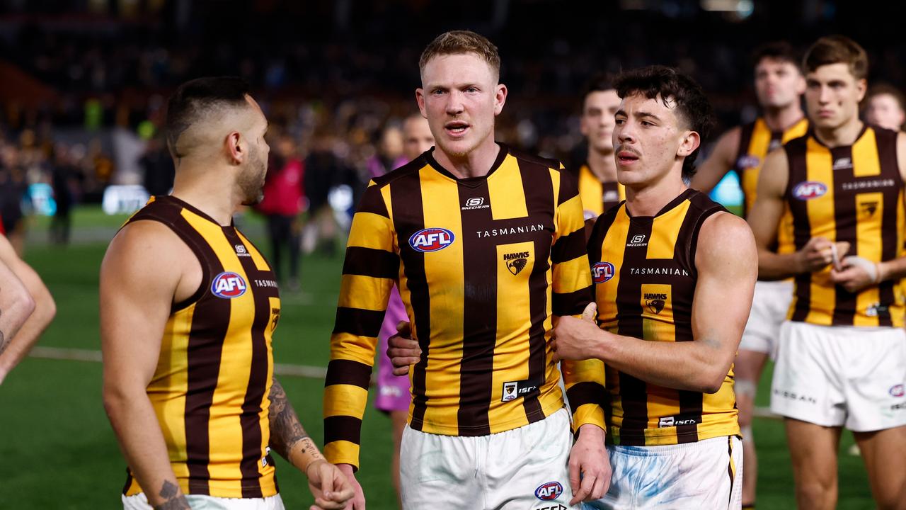 James Sicily of the Hawks reacts to Ken Hinkley. Photo by Michael Willson/AFL Photos via Getty Images)