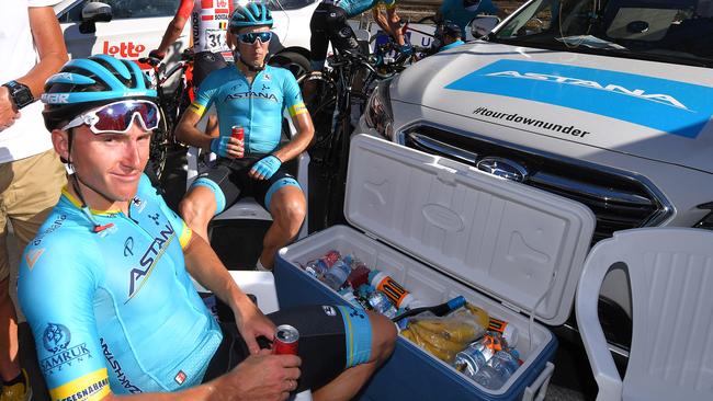 Kazakhstan’s Yevgeniy Gidich from the Astana Pro Team cools down at the 2019 Tour Down Under Classic last night. Picture: Tim de Waele/Getty