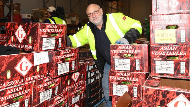 Mario Messina stacks vegies at Darwin Airport’s new cold storage facility. The huge export facility, which received a $15m NAIF loan, is the first of its kind in Darwin. Picture: Katrina Bridgeford