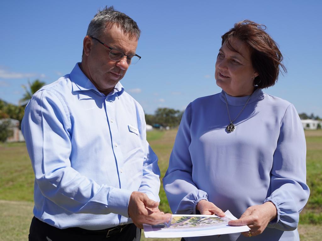 Mackay Hospital and Health Services chairman Darryl Camilleri discussing the design plans of the new $31.5 million Sarina Hospital along Brewers Road, Sarina with Mackay MP Julieanne Gilbert. Picture: Heidi Petith