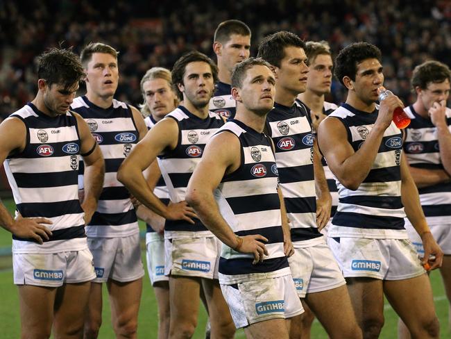 With his Geelong teammates. Picture: Wayne Ludbey