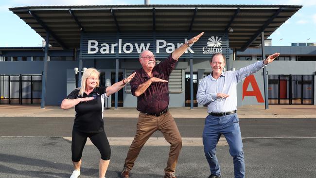 Cairns Chamber of Commerce CEO Patricia O'Neill, Member for Leichhardt Warren Entsch and former Advance Cairns CEO Paul Sparshott do their best Usain Bolt impressions outside the Barlow Park gates. Picture: Brendan Radke