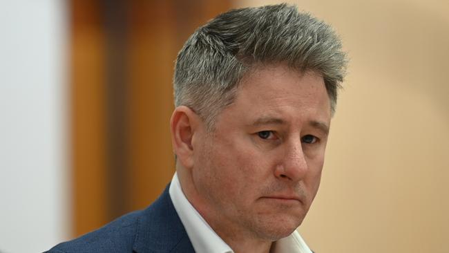 Nine Entertainment chief executive officer Mike Sneesby at the Social Media Conduct Hearings at Parliament House in Canberra. Picture: Martin Ollman