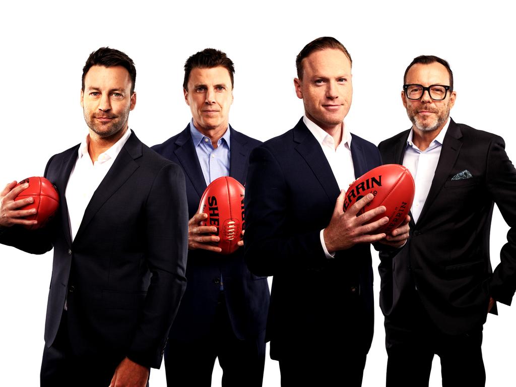 Jimmy Bartel, Matthew Lloyd, Sam McClure and Damian Barrett – the Footy Classified 2025 team. Picture: Ch9/Supplied