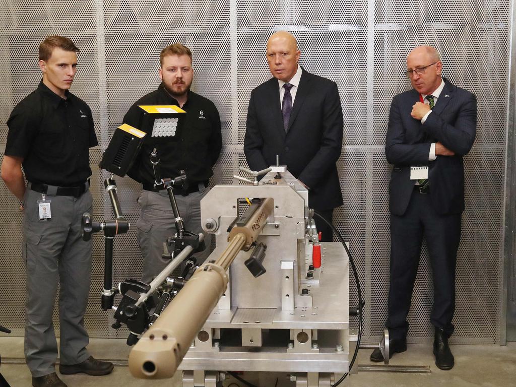 Defence Minister Peter Dutton tours NIOA at Eagle Farm. Picture: Liam Kidston