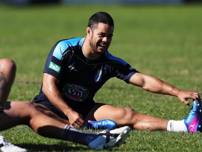 NSW's Andrew Fifita and Jarryd Hayne during NSW State of Origin training at Cudgen Leagues Club, Kingscliff. Picture: Brett Costello