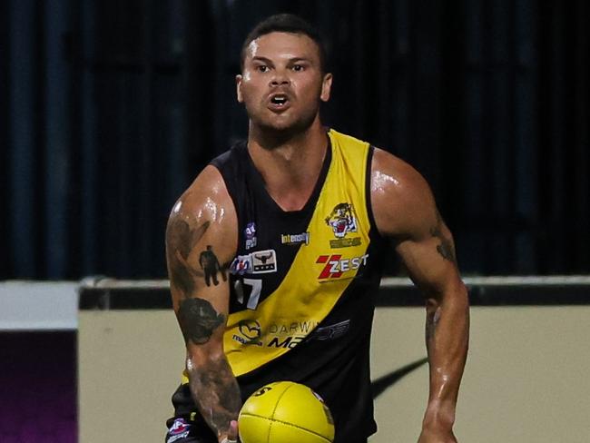 Brandan Parfitt playing for the Nightcliff Tigers in the 2024-25 NTFL season. Picture: Celina Whan / AFLNT Media