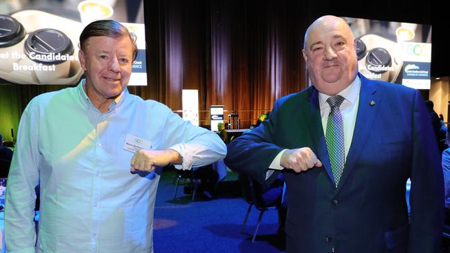 The Central Chamber of Commerce 2020 election candidates breakfast at Gold Coast Convention Centre. Pictured is Labor’s Wayne ‘Rabbit’ Bartholomew and LNP MP Michael Hart. Picture: Glenn Hampson