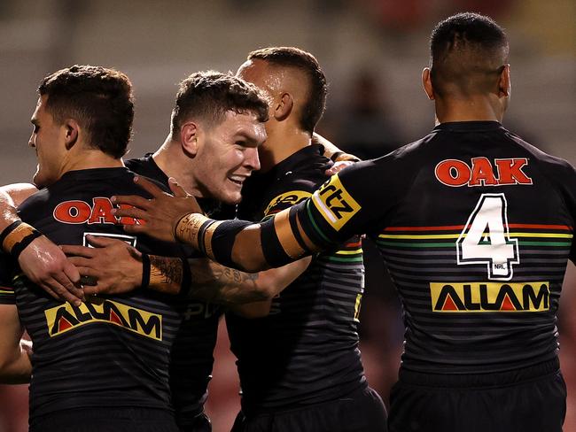 Penrith's Liam Martin scores a try during NRL match between the Penrith Panthers and Canberra Raiders at Penrith Stadium. Picture. Phil Hillyard