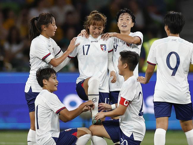 MELBOURNE, AUSTRALIA - DECEMBER 04: Chen Jin-Wen of Chinese Taipei celebrates with team mates after scoring a goal during the International Friendly match between Australia Matildas and Chinese Taipei at AAMI Park on December 04, 2024 in Melbourne, Australia. (Photo by Daniel Pockett/Getty Images)