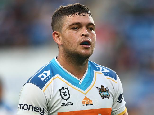 GOLD COAST, AUSTRALIA - AUGUST 14: Ashley Taylor of the Titans looks on during the round 22 NRL match between the South Sydney Rabbitohs and the Gold Coast Titans at Cbus Super Stadium, on August 14, 2021, in Gold Coast, Australia. (Photo by Chris Hyde/Getty Images)