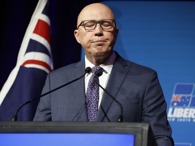 SYDNEY, AUSTRALIA - NewsWire photos NOVEMBER 25, 2023: The Hon Peter Dutton MP, Leader of the Opposition and Parliamentary Leader of the Liberal Party speaks during the Liberal State Convention at the Fullerton Hotel in Sydney. Picture: NCA NewsWire / Dylan Coker