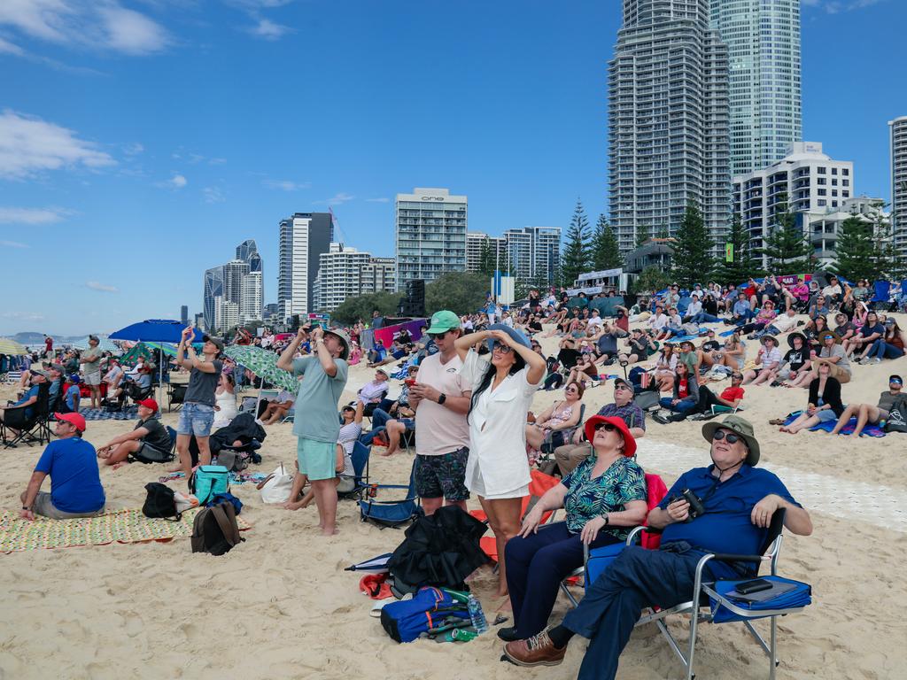 Crowds enjoying the inaugural Pacific Air Show over Surfers Paradise. Picture: Glenn Campbell