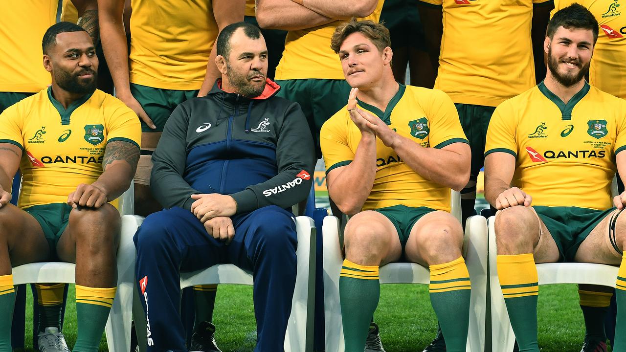 Samu Kerevi, Michael Cheika, Michael Hooper and Liam Wright in 2019. Picture: AAP Image/Dave Hunt