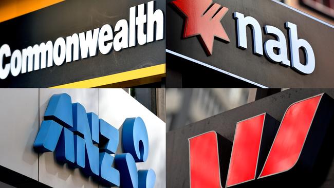 A composite image of signage of Australia's 'big four' banks ANZ, Westpac, the Commonwealth Bank (CBA) and the National Australia Bank (NAB) signage in Sydney. Picture: Joel Carrett AAP