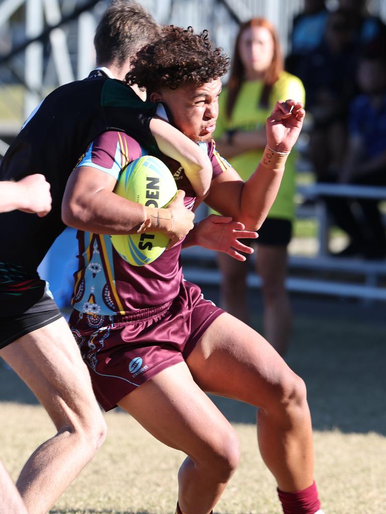 Titans Cup Finals. Tweed River High (green and Black) v Keebra Park (blue) in Open Boys Development division at Southport Tigers . Picture Glenn Hampson.