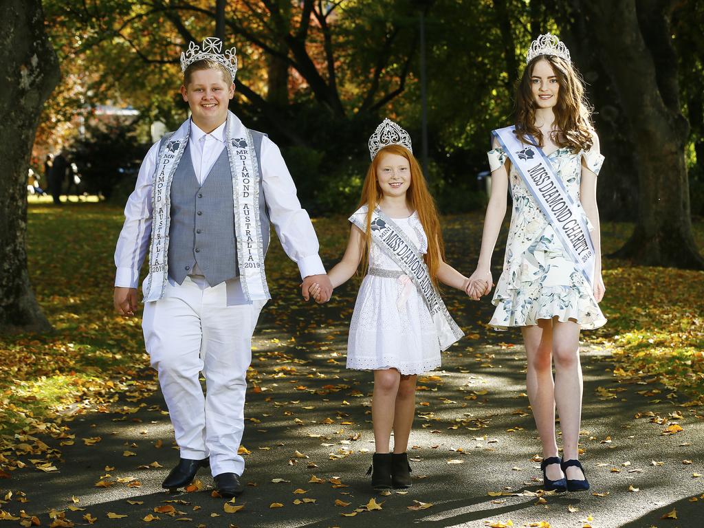 Returning to Tasmania after success at the national Miss and Mr Diamond competition are (L-R) Jordon King, Mr Diamond, Montana Laredo, Mini Miss Diamond, Abbie Freeman, Charity ambassador. Picture: MATT THOMPSON