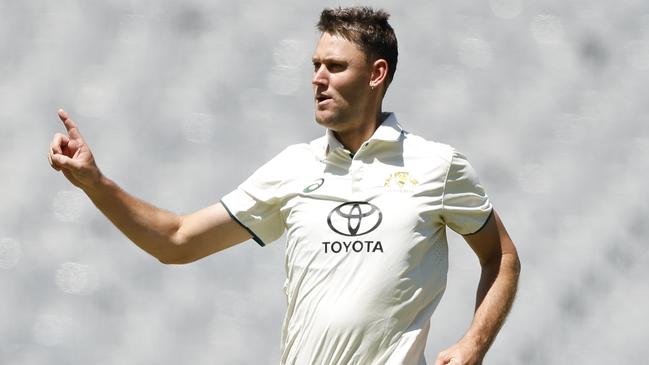 MELBOURNE, AUSTRALIA - NOVEMBER 07: Beau Webster of Australia A celebrates the wicket of Tanush Kotian of India A during the match between Australia A and India A at Melbourne Cricket Ground on November 07, 2024 in Melbourne, Australia. (Photo by Darrian Traynor/Getty Images)