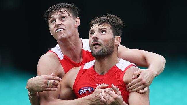 Toby Nankervis (front) had stiff competition in the ruck in Sydney, including former teammate Callum Sinclair. Picture. Phil Hillyard
