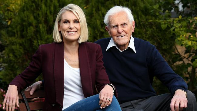 Fox Footy commentator Sarah Jones with her grandfather, Jack. Picture: Ian Currie