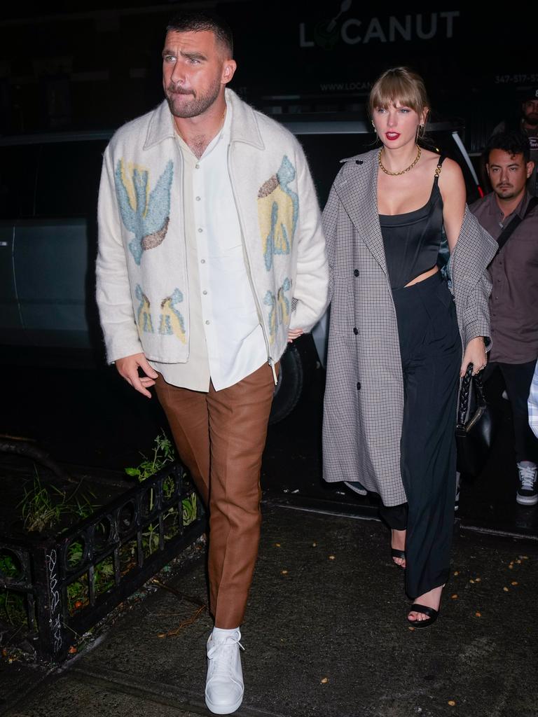 Travis Kelce and Taylor Swift arrive at SNL Afterparty on October 15, 2023 in New York City. (Photo by Gotham/GC Images)