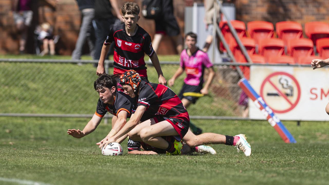 Will Fogarty (left) of Southern Suburbs and Jonah Oats of Valleys in U13/14 boys Toowoomba Junior Rugby League grand final at Toowoomba Sports Ground, Saturday, September 7, 2024. Picture: Kevin Farmer