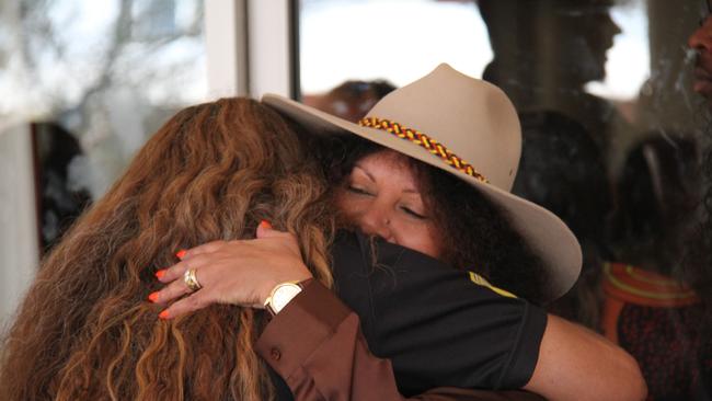 Federal minister for Indigenous Australians Malarndirri McCarthy hugs a Yirara College staff member, Alice Springs, Thursday October 17, 2024. Picture: Gera Kazakov