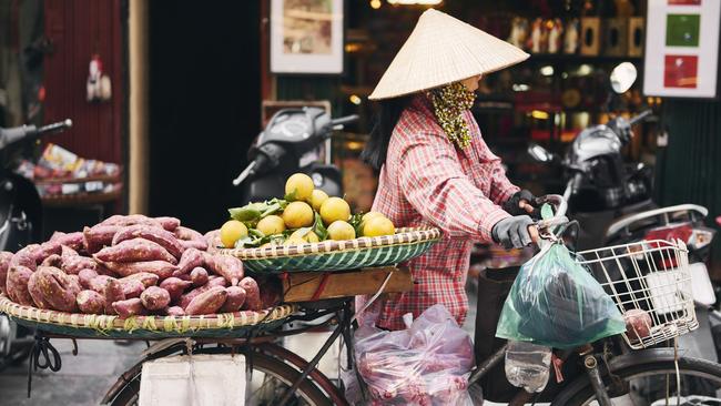 A Vietnamese woman selling produce from her bike in Hanoi