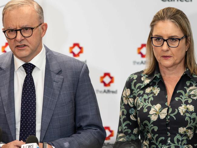 MELBOURNE, AUSTRALIA - NCA NewsWire Photos - 19 APRIL 2024: Australian Prime Minister Anthony Albanese and Victorian Premier Jacinta Allan speak to the media during a press conference after the inauguration of the Paula Fox Melanoma and Cancer Centre. Picture: NCA NewsWire / Diego Fedele