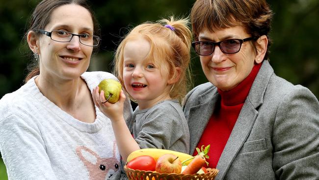 22/05/15 Bev Muhlhausler with her mum Jackie Muhlhausler and Abby Swain at their Aldgate home. Senior Research Fellow from the University of Adelaide, Dr Beverly Muhlhausler, said a motherÕs unbalanced diet can significantly increase the risk of obesity in both her daughter and grandchild. photo Calum Robertson