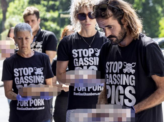 ***BLURRED VERSION***MELBOURNE, AUSTRALIA - NewsWire Photos - January 21, 2025: Animal activists have placed dead piglets outside the Victorian State Government offices at treasury place.  Picture: NewsWire / David Geraghty ,