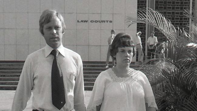 Michael and Lindy Chamberlain leave the Law Courts Darwin on September 16, 1982 following the first few days of the Supreme Court trial of their missing child.