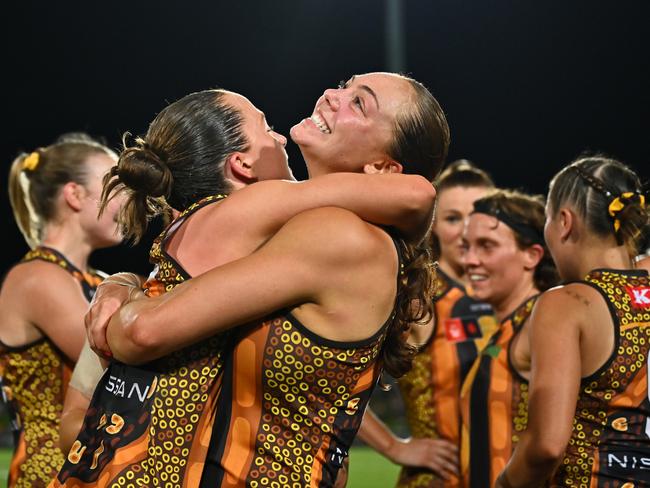 Jenna Richardson of the Hawks reacts after winning the round nine AFLW match between Hawthorn Hawks and Narrm (Melbourne Demons) at Cazaly's Stadium, on October 24, 2024, in Cairns, Australia. (Photo by Emily Barker/Getty Images)