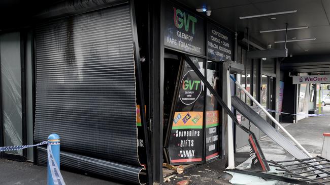 A tobacconists on Wheatsheaf Road Glenroy was badly damaged in an overnight arson attack. Picture: Andrew Henshaw