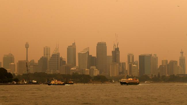 Smoke haze from the NSW bushfires in Sydney’s CBD. Picture: AAP