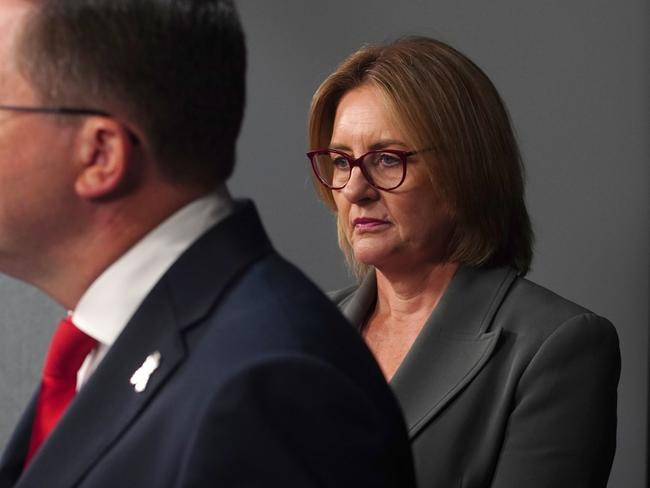 MELBOURNE AUSTRALIA - NewsWire Photos FEBRUARY 17, 2025: Victorian Premier Jacinta Allan and Police Minister Anthony Carbines give a media conference in Melbourne.Picture: NewsWire / Luis Enrique Ascui