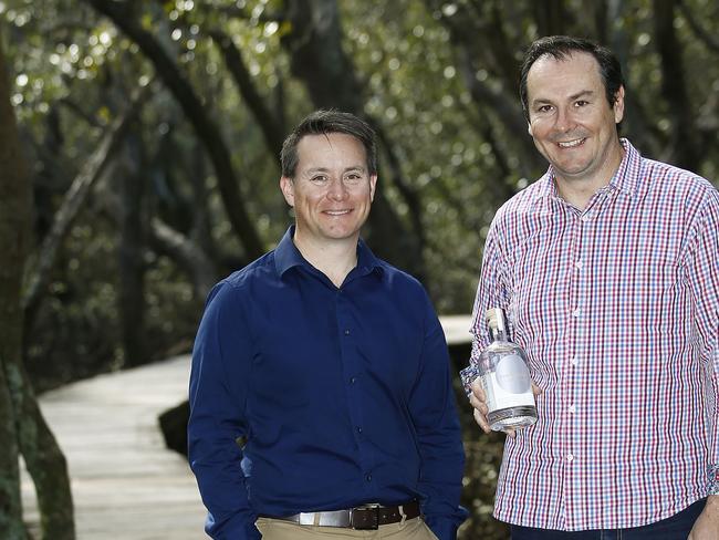 L to R: Cal Paterson and Ryan Parker with their Clair De Lune Gin, in Buffalo Creek reserve. Cal and Ryan. are the founders of Buffalo Vale Distillery, which is based in North Ryde but named after the Buffalo Creek Reserve near where they both live. Picture: John Appleyard