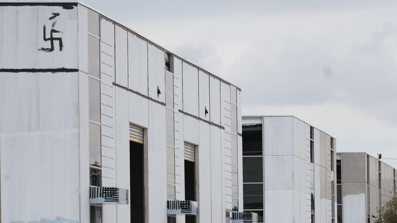 A Nazi swastika symbol seen painted on a massive warehouse complex in North Geelong. Picture: Mark Wilson